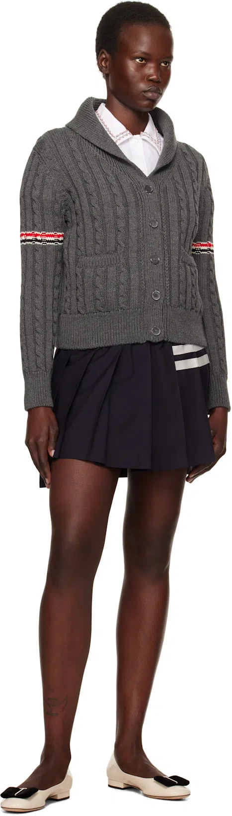 THOM BROWNE Structured Pleated Midi Skirt With Tricolor Tab Detail In Blue