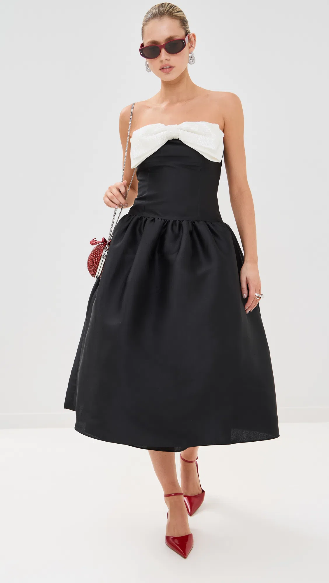SELF-PORTRAIT Self Portrait Taffeta Contrast Bow Midi Dress Black