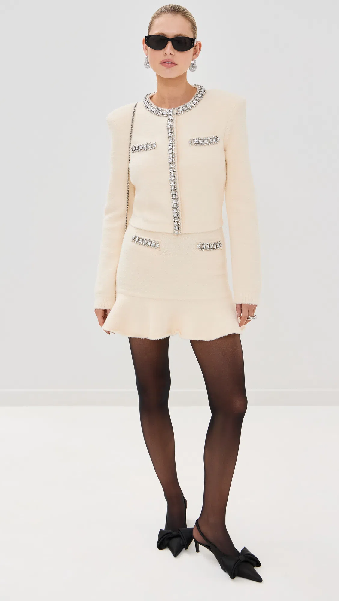 SELF-PORTRAIT Self Portrait Viscose Blend Knit Mini Skirt With Crystals In White