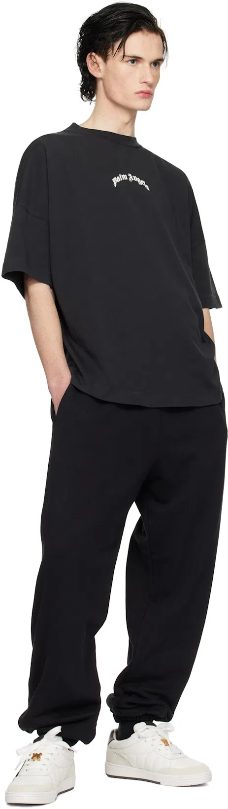 PALM ANGELS Back Curved Logo Oversized Short Sleeves T-shirt In Black