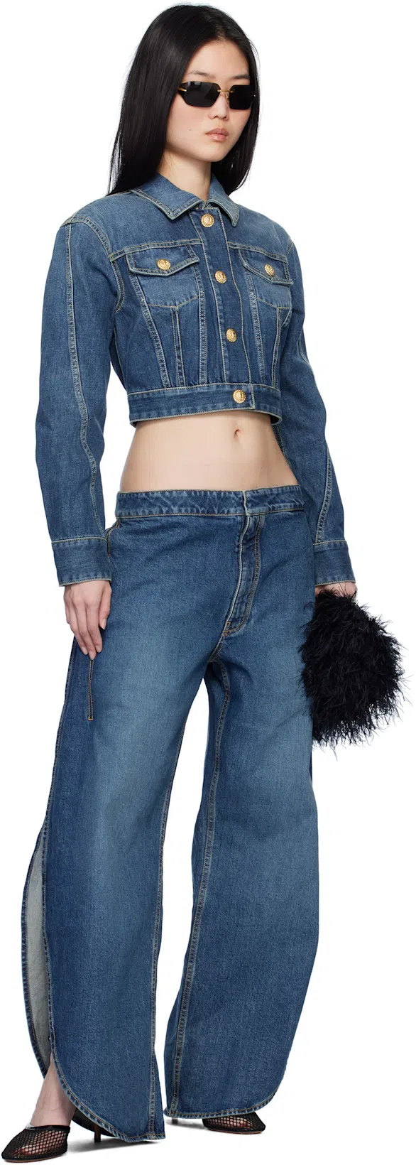 BALMAIN Cropped Faded Denim Jacket In Blue