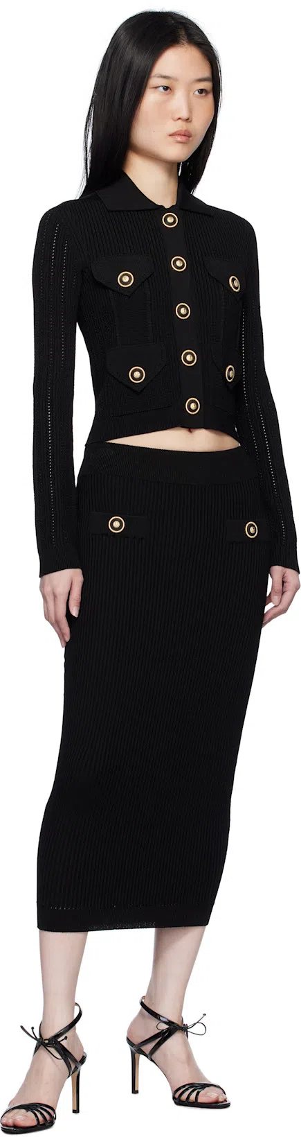 BALMAIN Ribbed Texture Knit Cardigan With Gold Buttons In Black