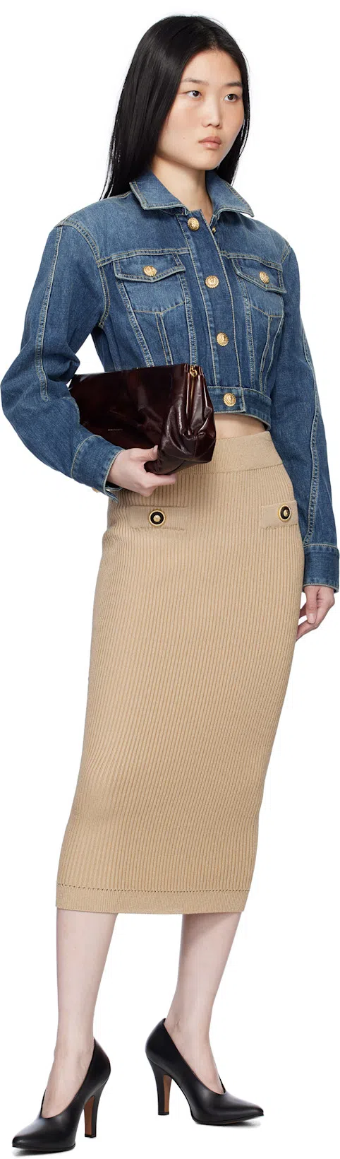 BALMAIN Ribbed Nude Viscose Blend Midi Skirt In Neutral