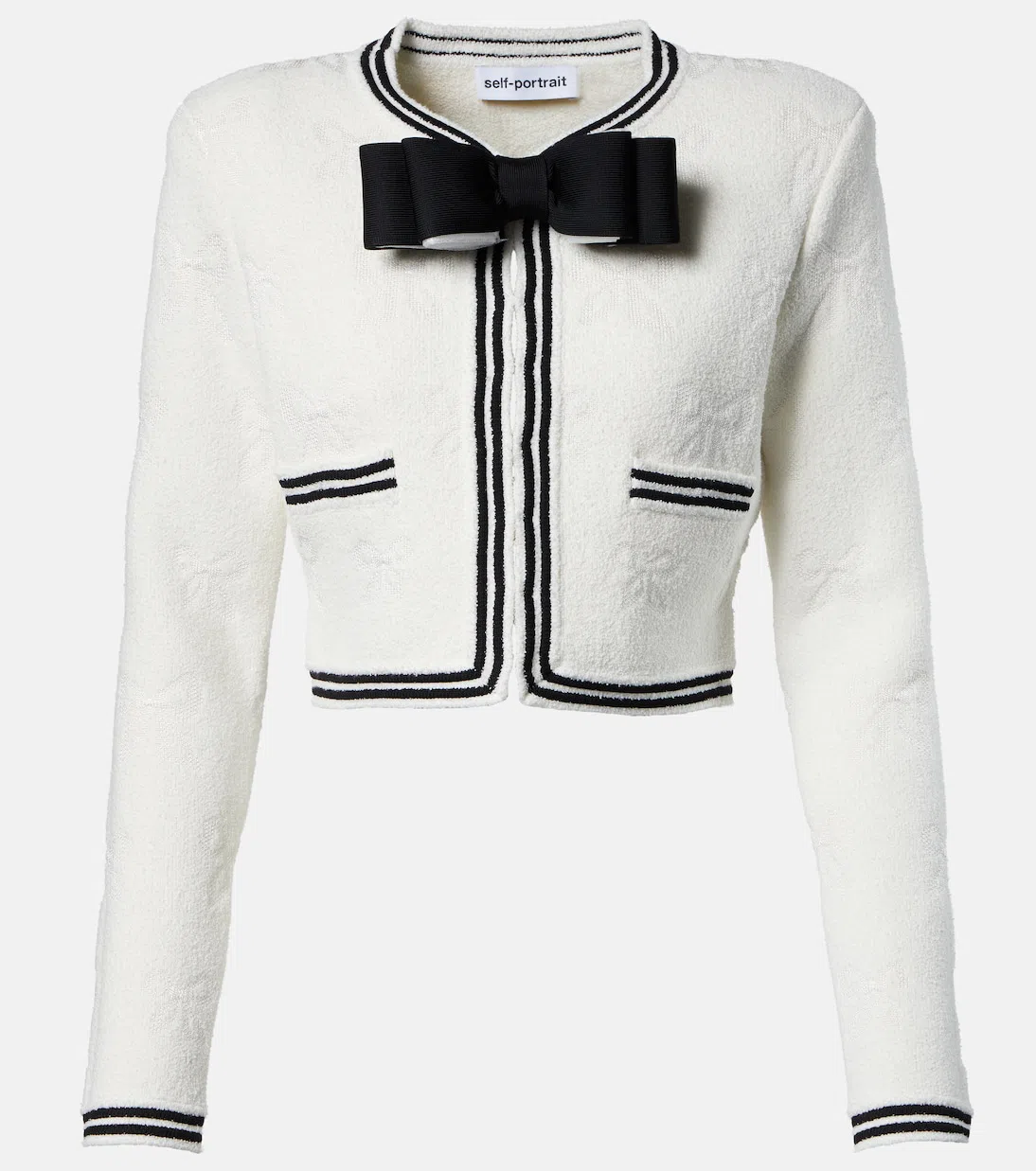 SELF-PORTRAIT Jacquard Cardigan Jacket With Brooch In White