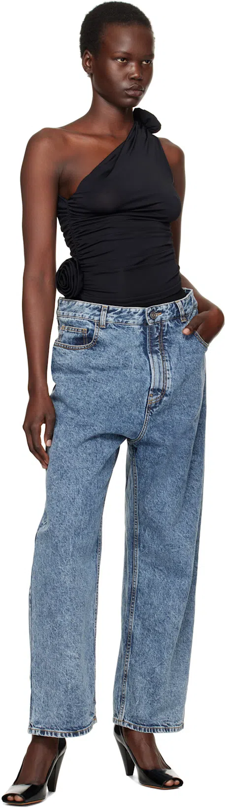 MAGDA BUTRYM Jersey One Shoulder Flower Top In Black