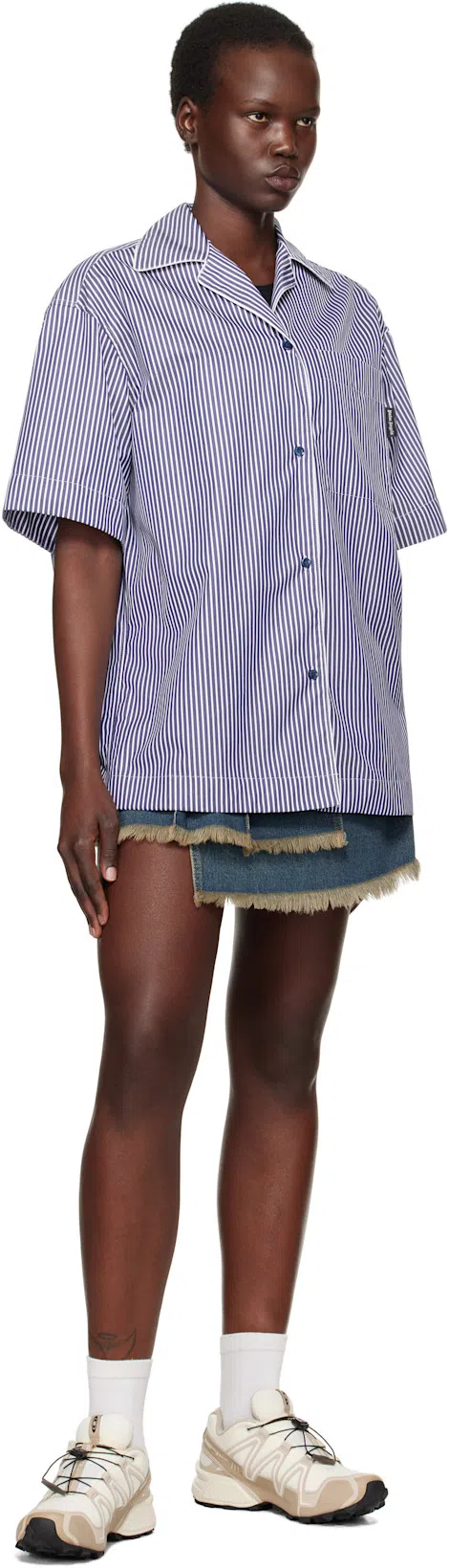 PALM ANGELS Navy Curved Logo Striped Shirt In Navy Blue