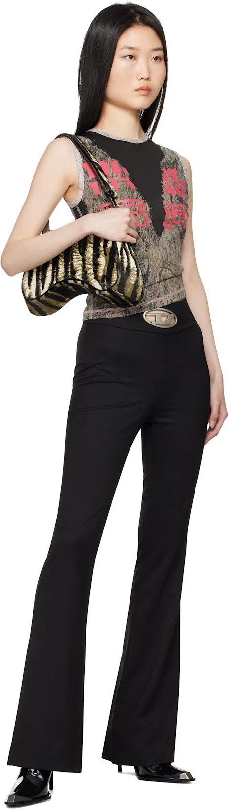 DIESEL 'p-erseus' Black Flared Pants With Oval D Logo Plaque On The Front In Wool Blend Woman
