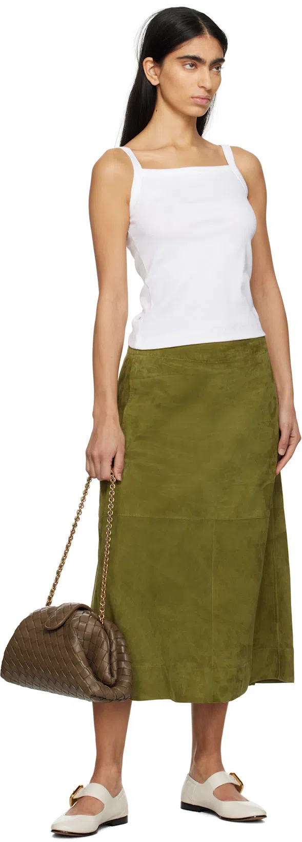 BOTTEGA VENETA Suede Leather Midi Skirt Clothing In Green