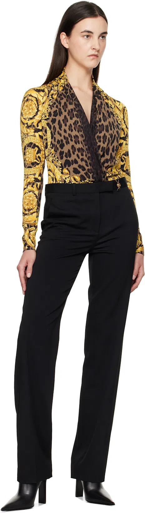VERSACE Black Flared Tailored Low Waisted Pants In Stretch Wool Woman