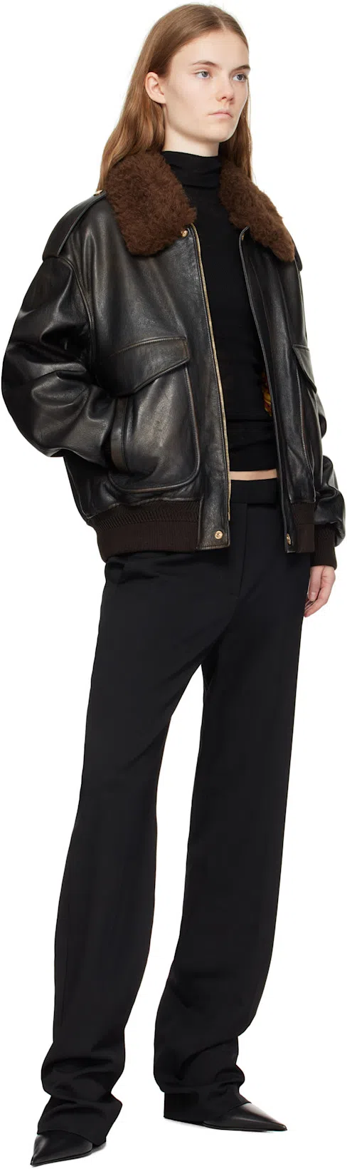 VERSACE Black Flared Tailored Low Waisted Pants In Stretch Wool Woman