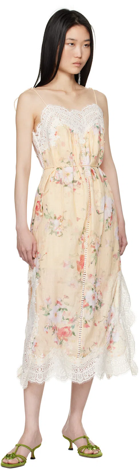 ZIMMERMANN Everley Belted Lace-trimmed Floral-print Linen Midi Dress In Multi