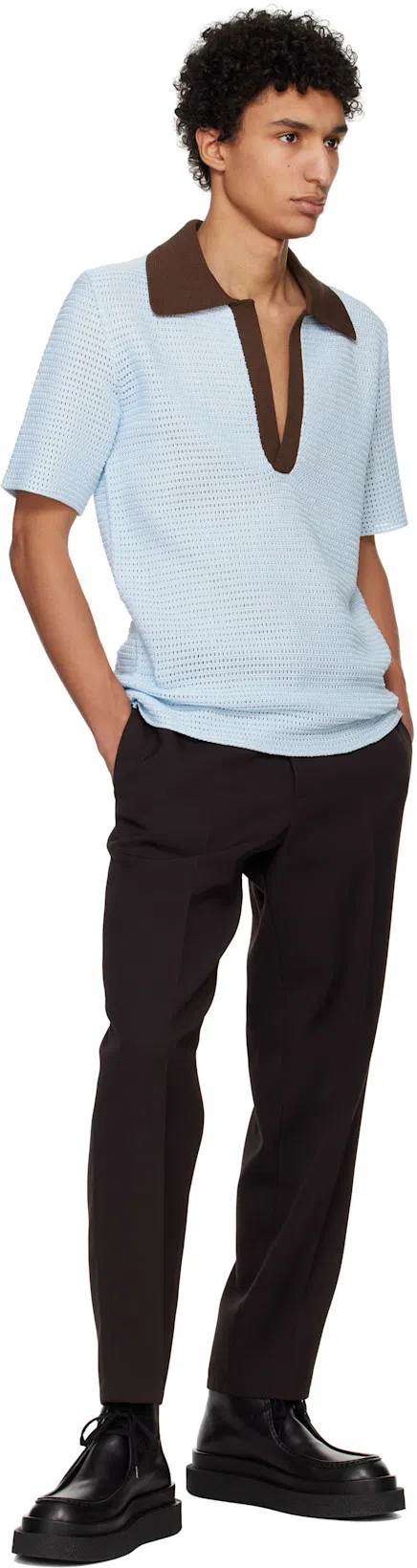 JIL SANDER Textured Deep V-neck T-shirt In Blue