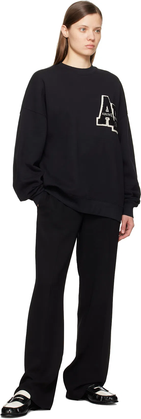 ANINE BING Miles Letterman Oversized Sweatshirt In Black