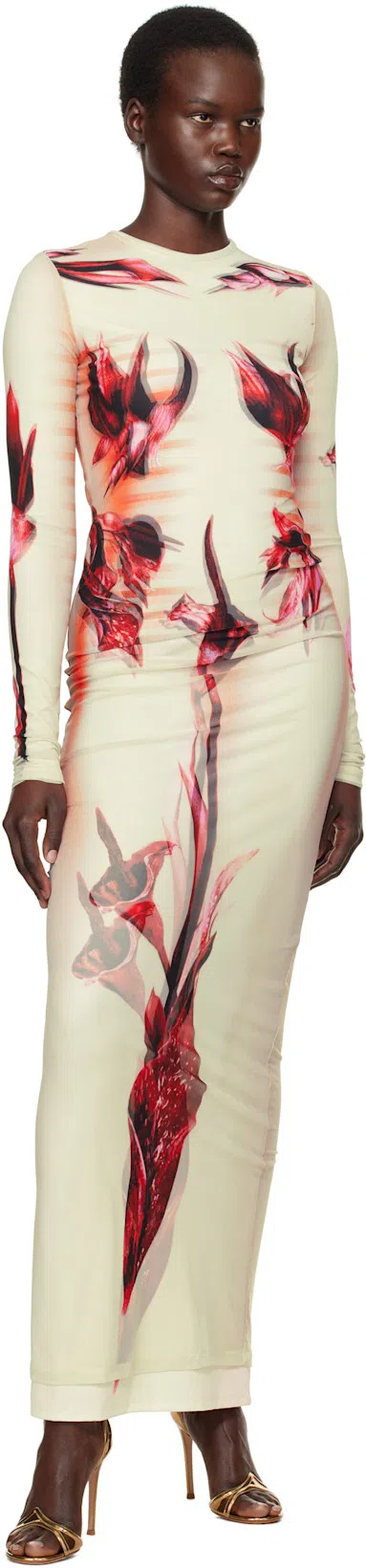 JEAN PAUL GAULTIER Long Dress Flower Body Morphing Pink Floral Slim In White