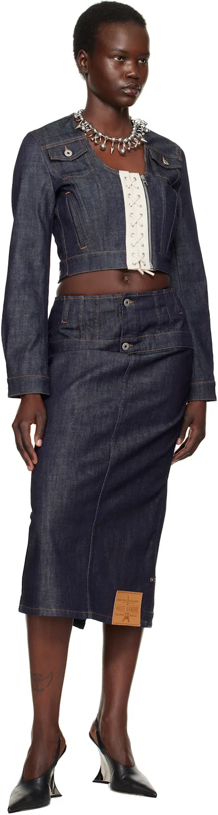 JEAN PAUL GAULTIER Lace-up Cropped Denim Jacket In Blue