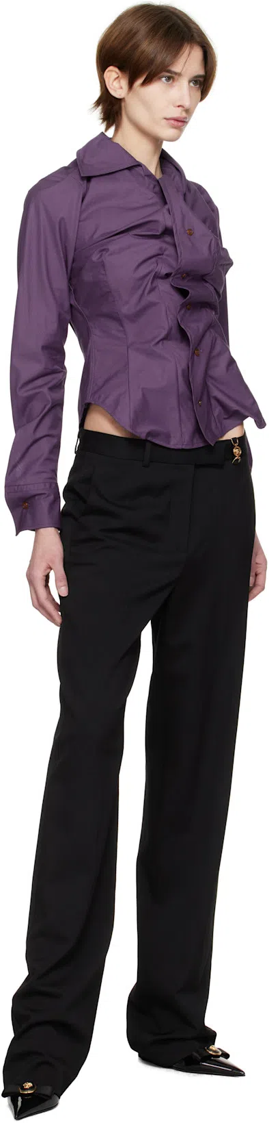 VERSACE Black Flared Tailored Low Waisted Pants In Stretch Wool Woman