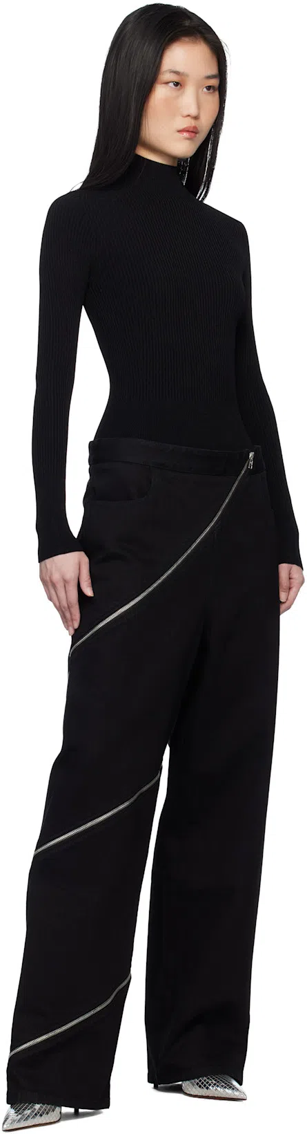 ALAÏA Ribbed Knit High Neck Bodysuit With Zipper In Black