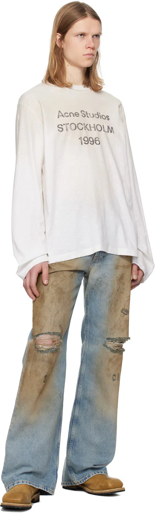 ACNE STUDIOS Mens Distressed Long-sleeve Logo T-shirt In Neutral