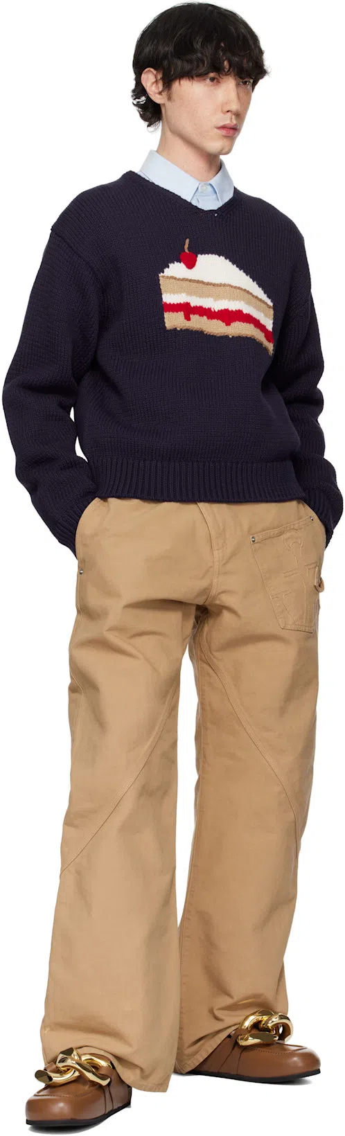 JW ANDERSON Mens Twisted Workwear Panelled Wide-leg Cotton Trousers Flax