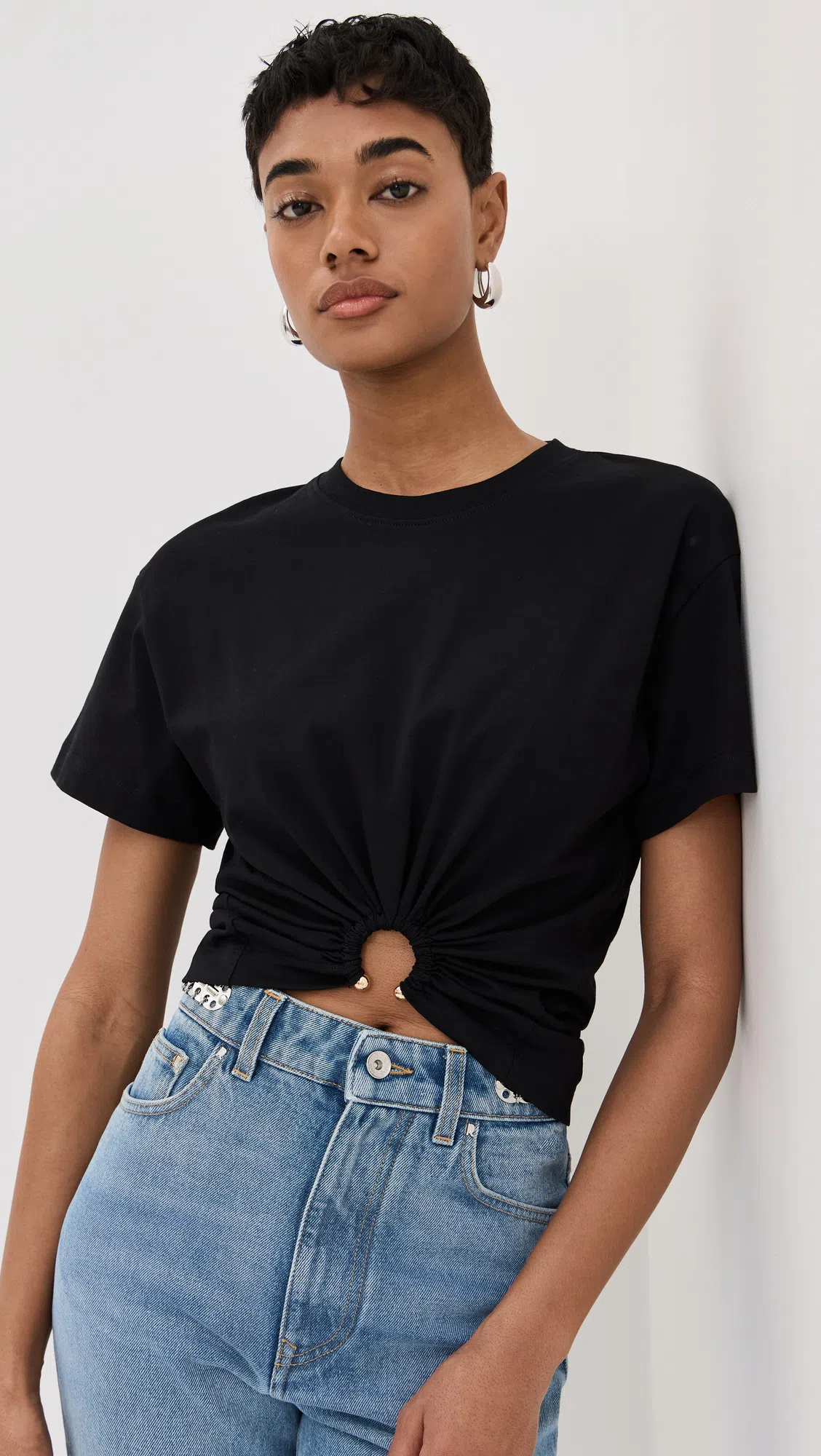 RABANNE Black Cotton Cropped T-shirt With Piercing
