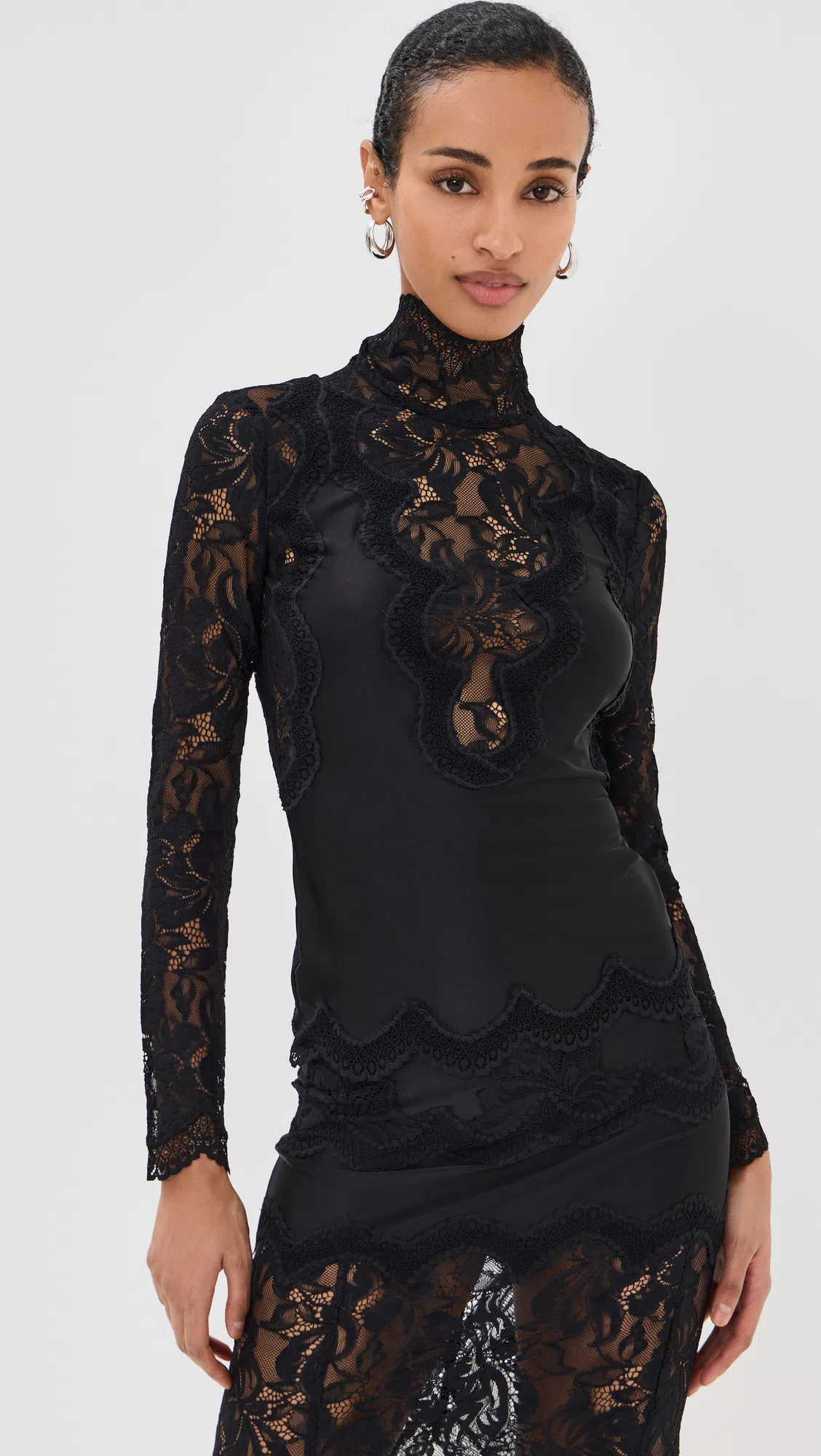 RABANNE Lace-edged Midi Skirt With High Waist And Decorative Buttons In Black