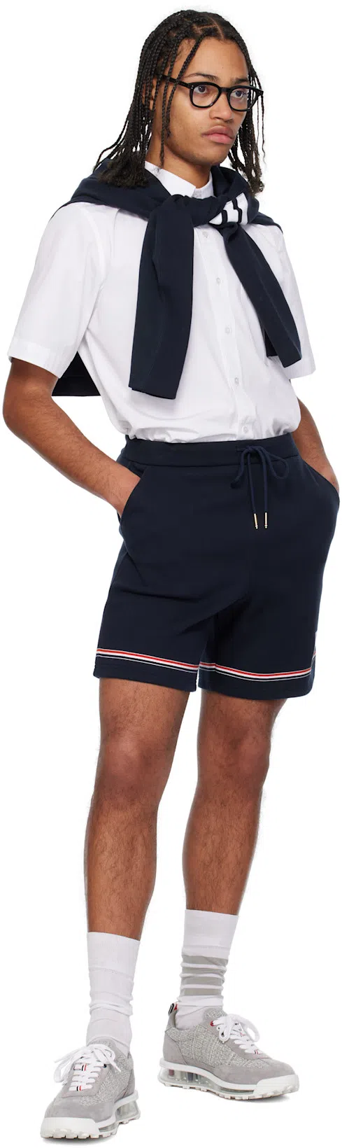 THOM BROWNE Blue Shorts With Elastic Waist With Drawstring And Rwb Striped Detail