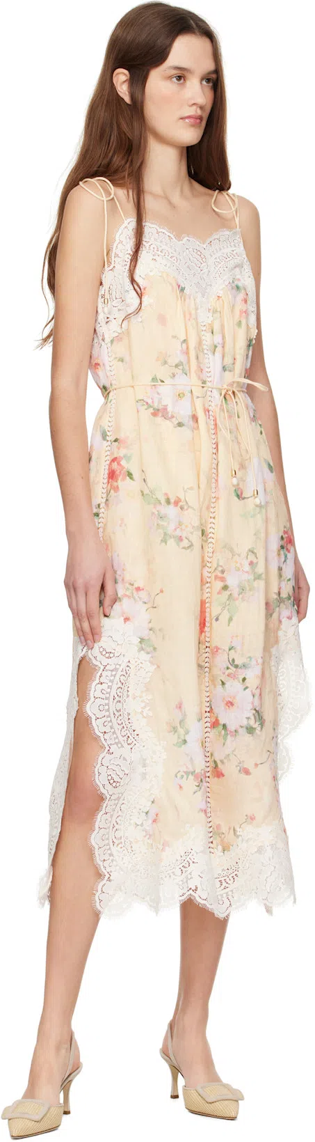 ZIMMERMANN Everley Belted Lace-trimmed Floral-print Linen Midi Dress In Multi