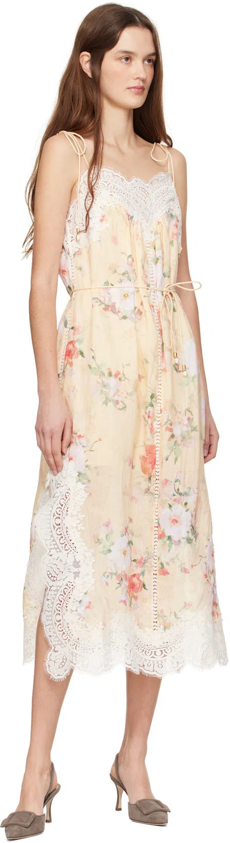 ZIMMERMANN Everley Belted Lace-trimmed Floral-print Linen Midi Dress In Multi