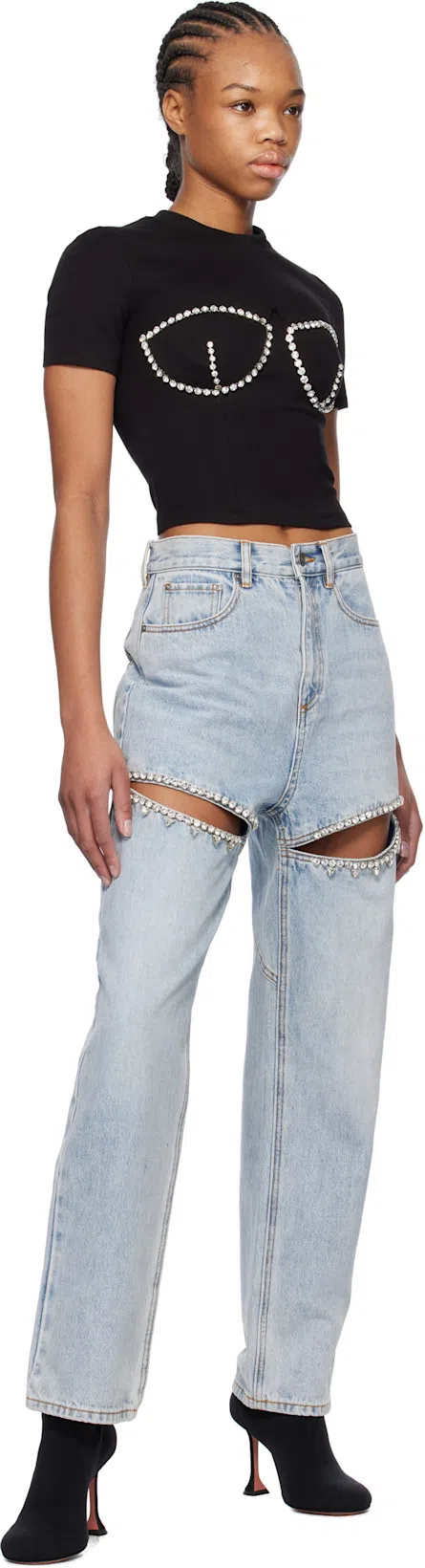 AREA Crystal Slit Jeans In Light Blue