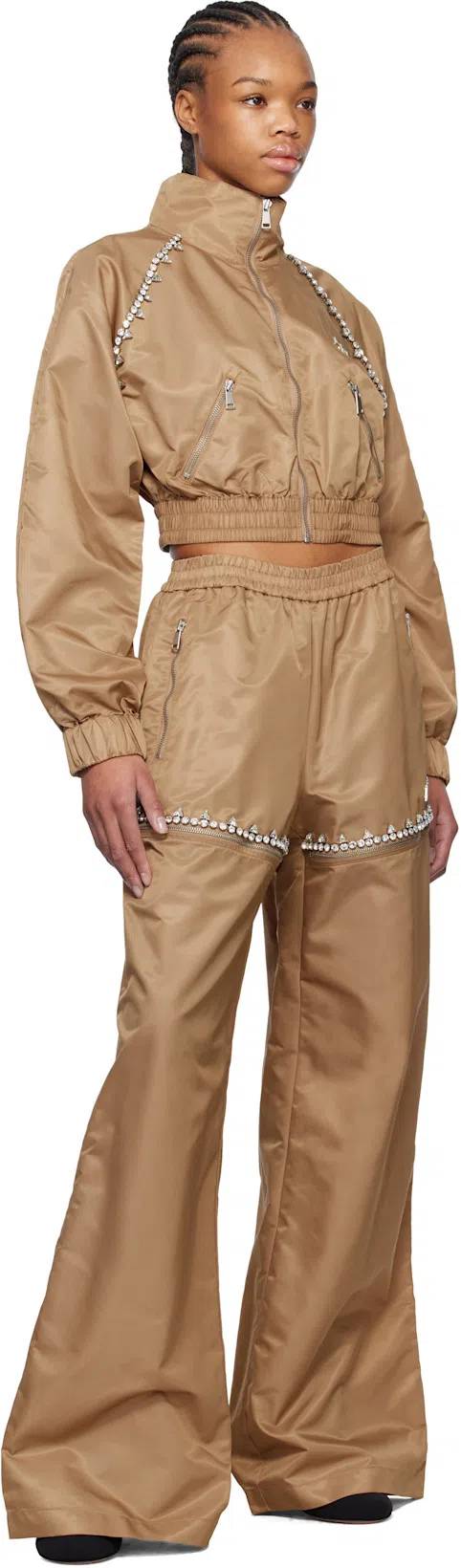 AREA Tan Crystal Slit Track Pants In Camel