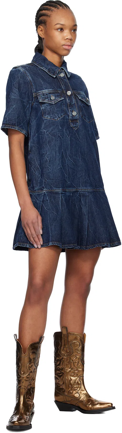 GANNI Women's Crinkled Future Denim Mini Dress In Blue