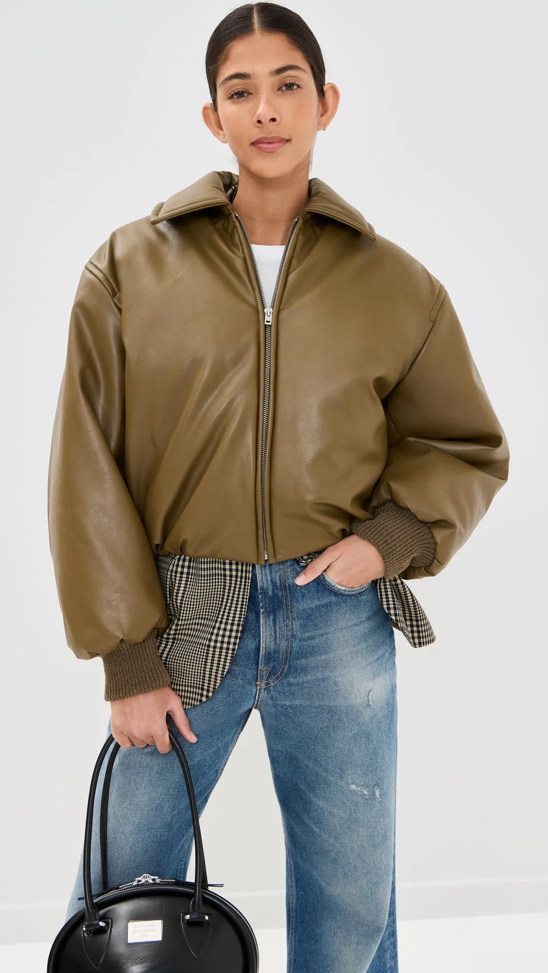 ACNE STUDIOS Faux Leather Zipped Bomber Jacket In Beige