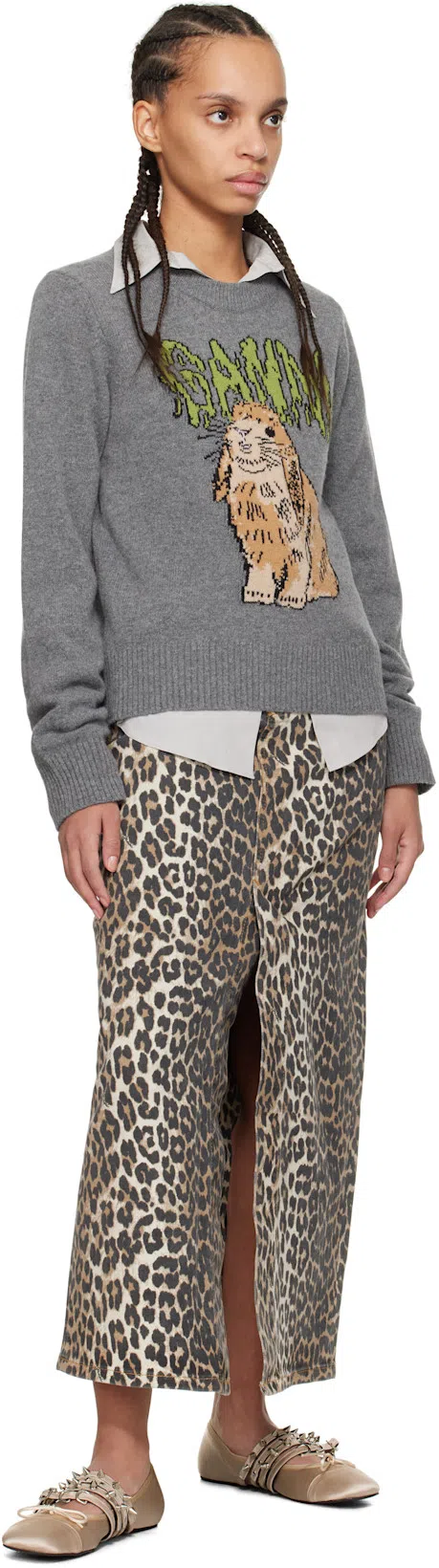 GANNI Leopard Print Denim Maxi Skirt In Animal Print