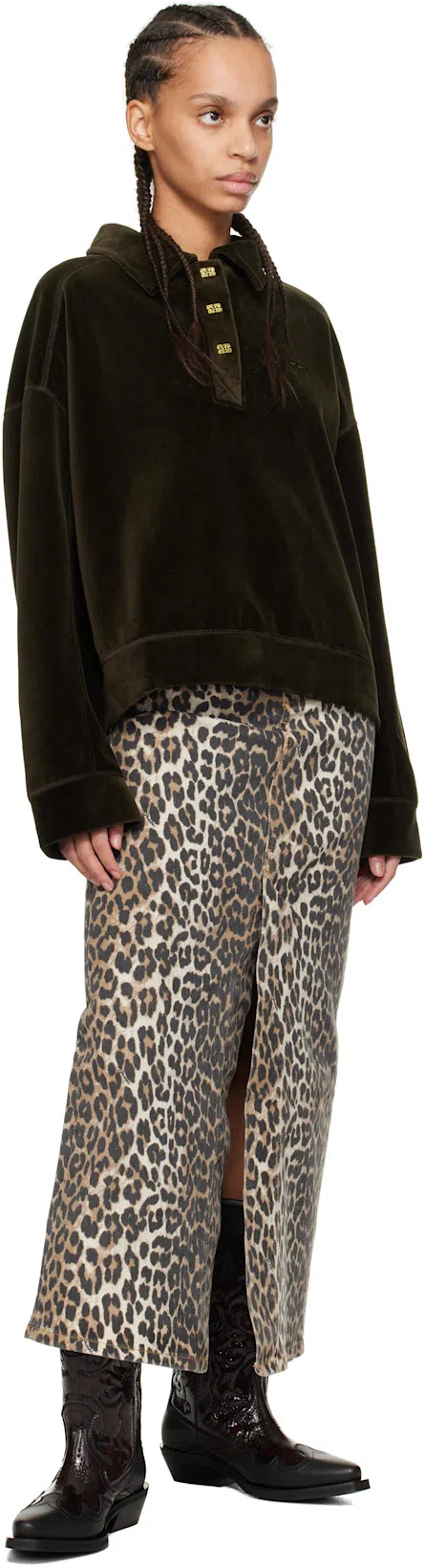 GANNI Leopard Print Denim Maxi Skirt In Animal Print
