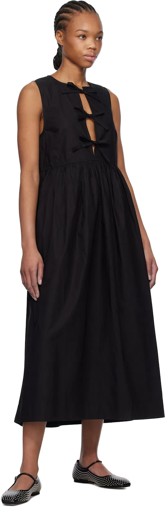 GANNI Tie String Poplin Dress In Black