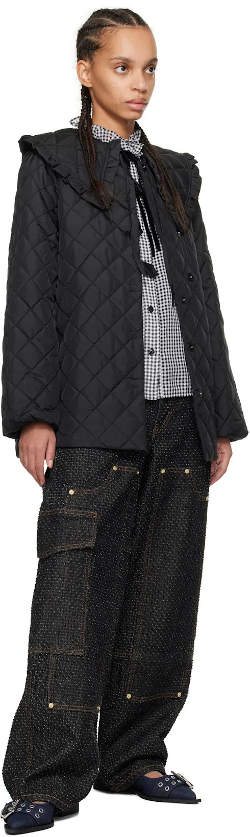 GANNI Black & White Sheer Check Tie String Shirt In 099 Black