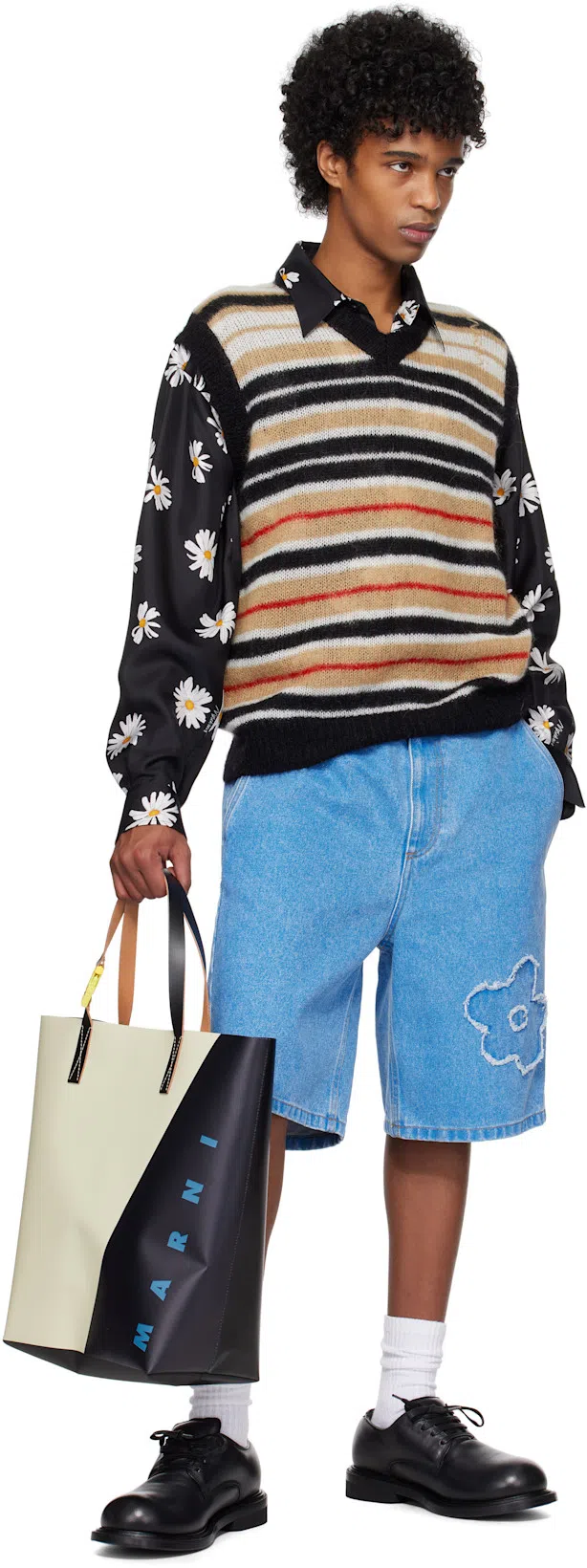 MARNI Flower Patch Denim Bermuda Shorts In Blue