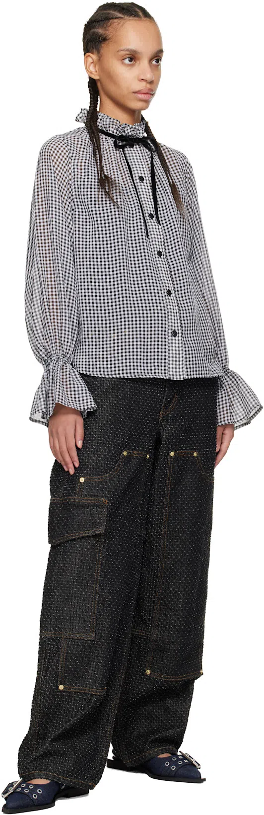 GANNI Black & White Sheer Check Tie String Shirt In 099 Black