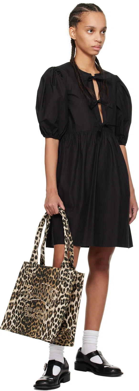 GANNI Cotton Poplin Tie String Mini Dress In Black