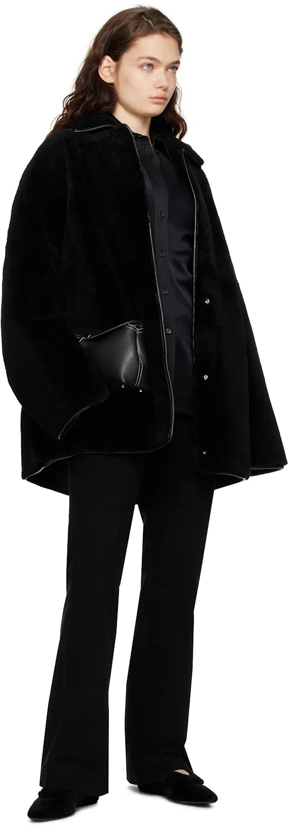 TOTÊME Toteme Genuine Shearling Trim Velvet Pointed Toe Ballet Flat In Black