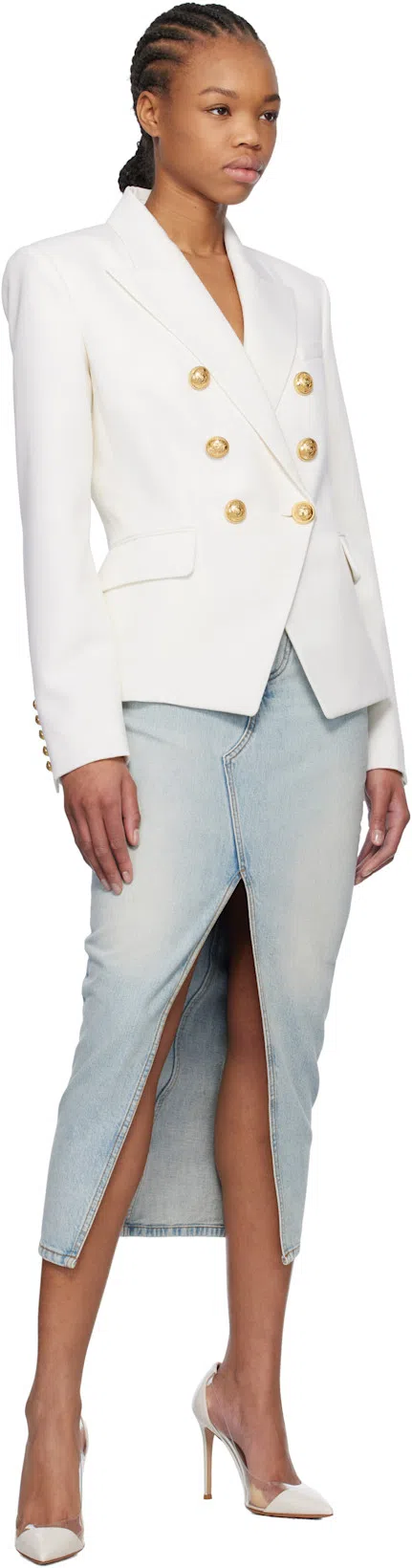 BALMAIN Double-breasted Structured Denim Blazer With Peak Lapel In White