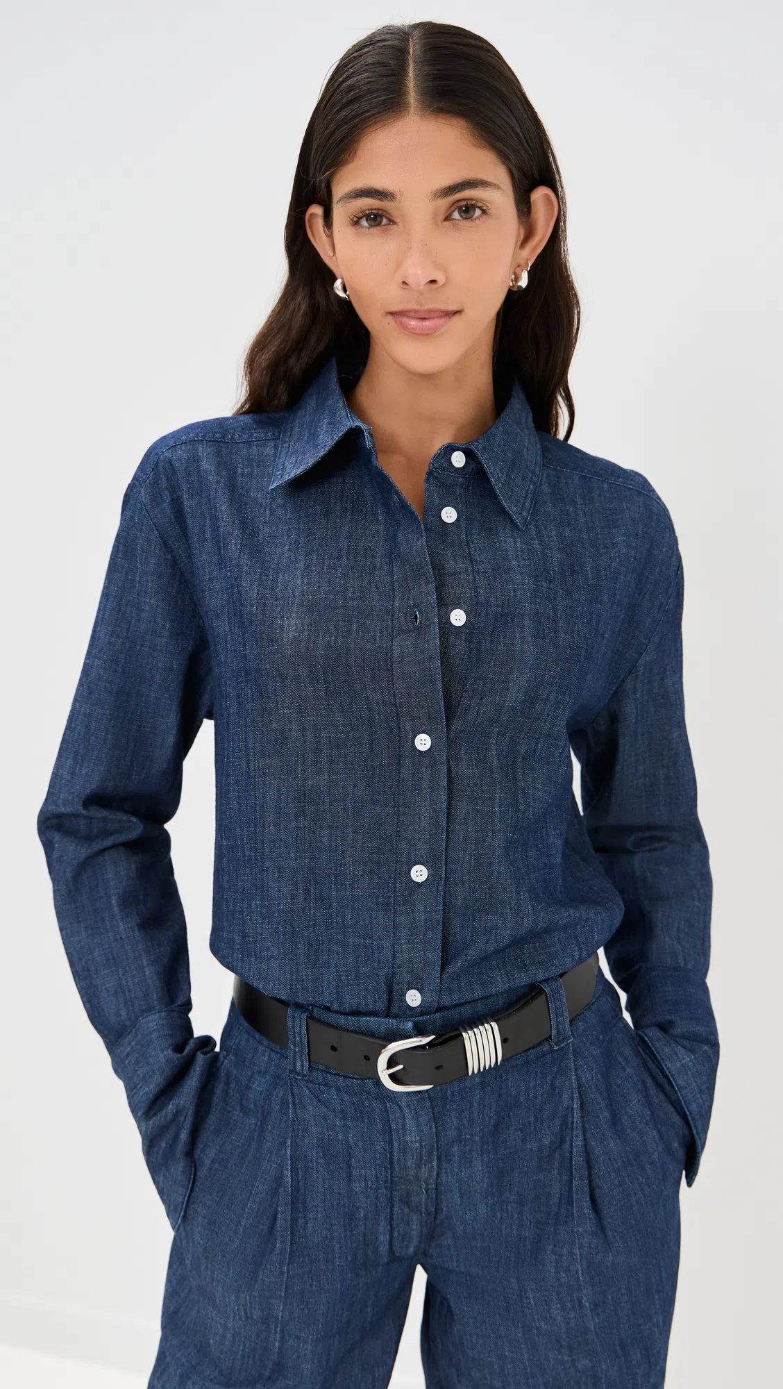 ANOTHER TOMORROW Chambray Relaxed Wide Leg Pants Dark Blue