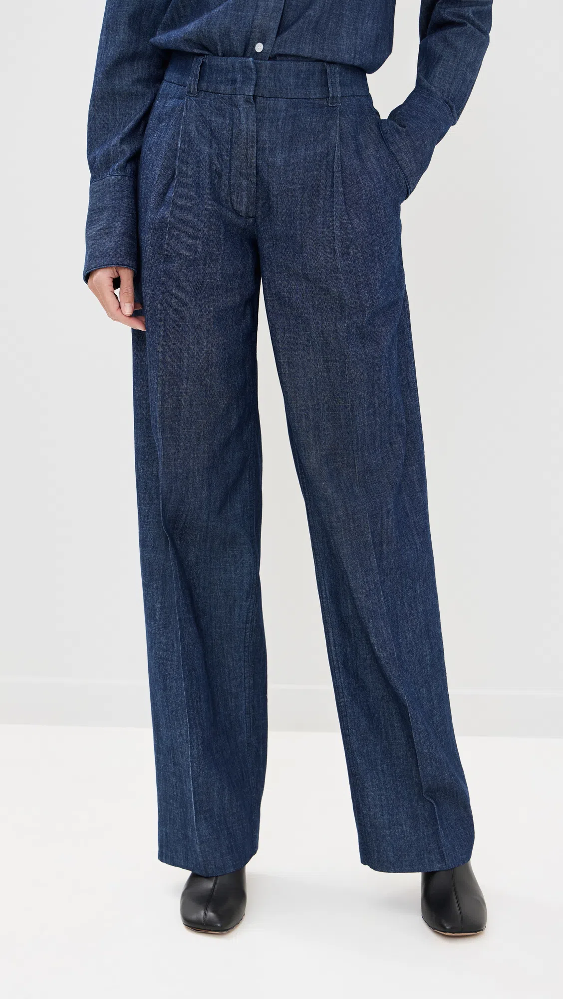 ANOTHER TOMORROW Chambray Relaxed Wide Leg Pants Dark Blue