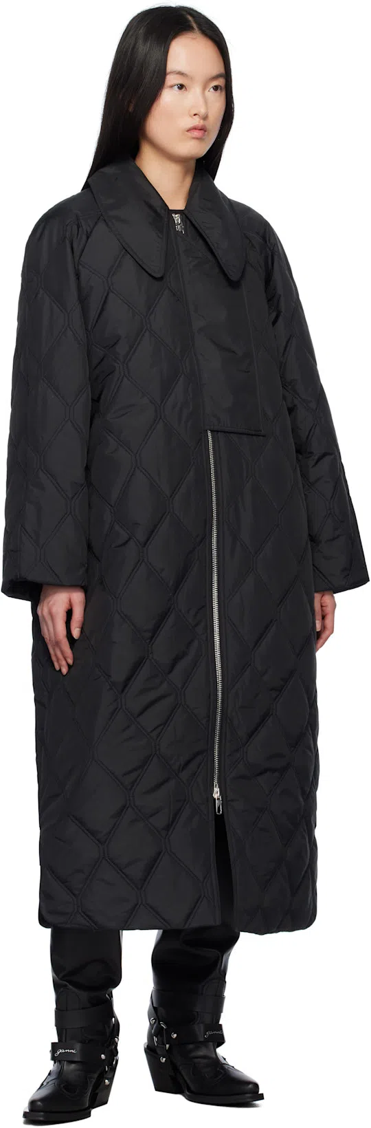 GANNI Quilted Recycled Ripstop Maxi Coat In Black