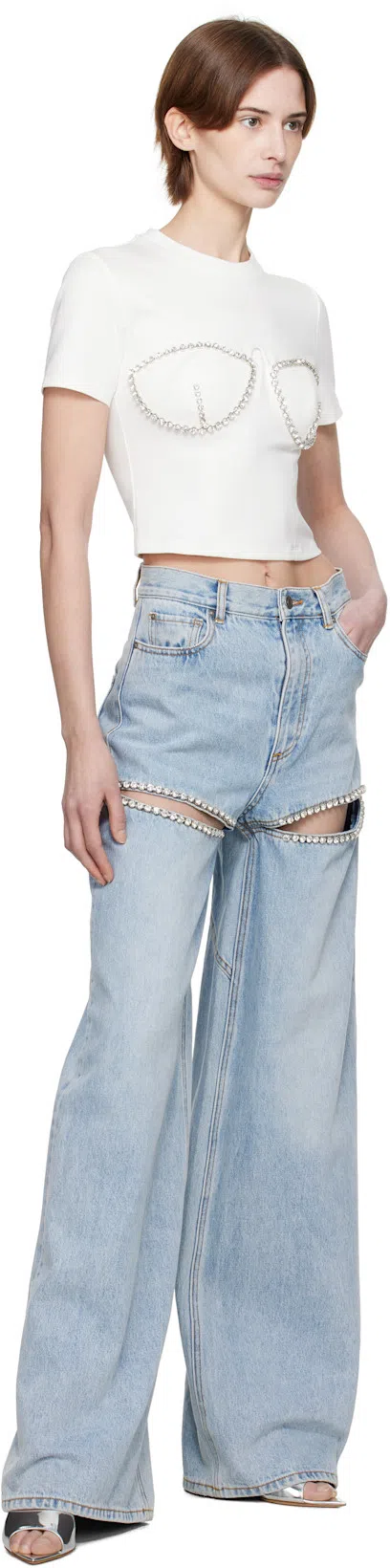 AREA Crystal-embellished Cutout High-rise Wide-leg Jeans In Light Blue