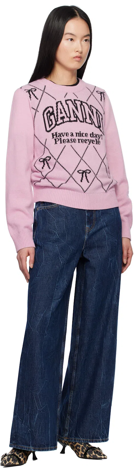 GANNI Crinkled Denim Jeans In 蓝色