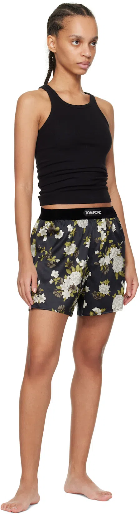 TOM FORD Floral Print Stretch Silk Satin Shorts In White/black