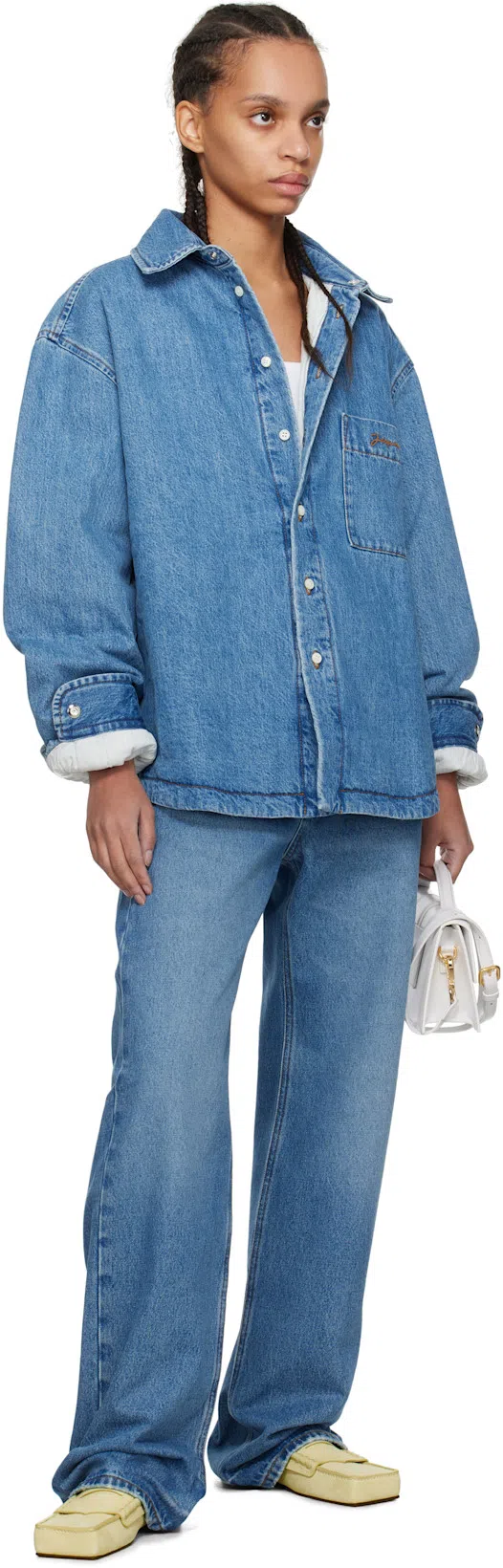 JACQUEMUS Wide Leg High Rise Jeans With Contrast Stitching In Blue