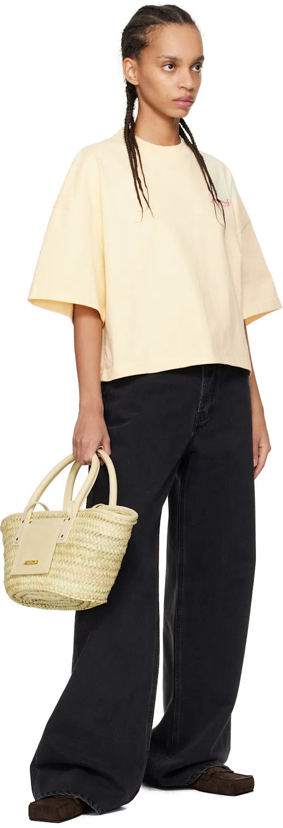 JACQUEMUS Cropped Relaxed-fit T-shirt With Embroidered Logo In Yellow