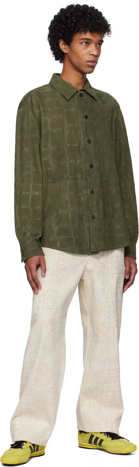 JACQUEMUS La Chemise Croc Embossed Goatskin Suede Button-up Shirt In Khaki